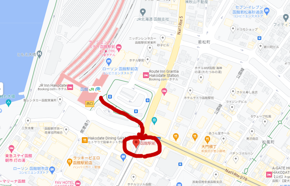 Googleマップから函館駅から市電までの道
